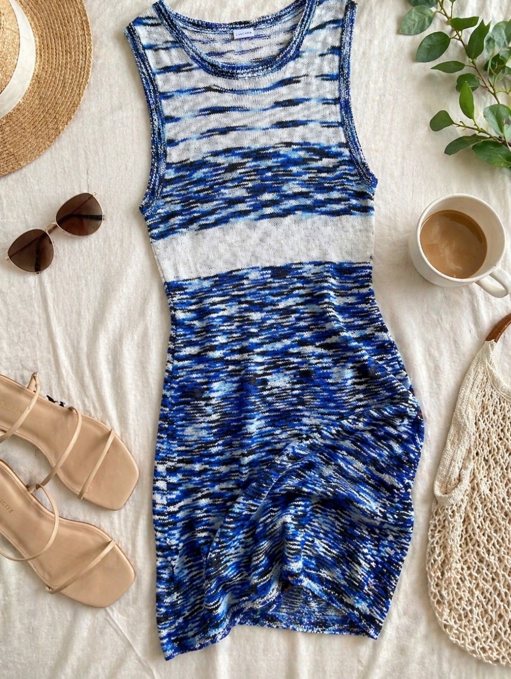 Lascana Blue White Space Dye Knit Dress Sleeveless Midi Bodycon Resort Coastal L